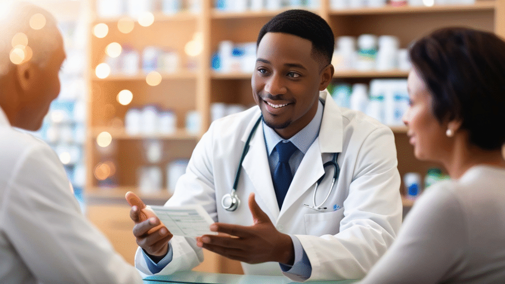 Pharmacist explaining medication labels to a patient