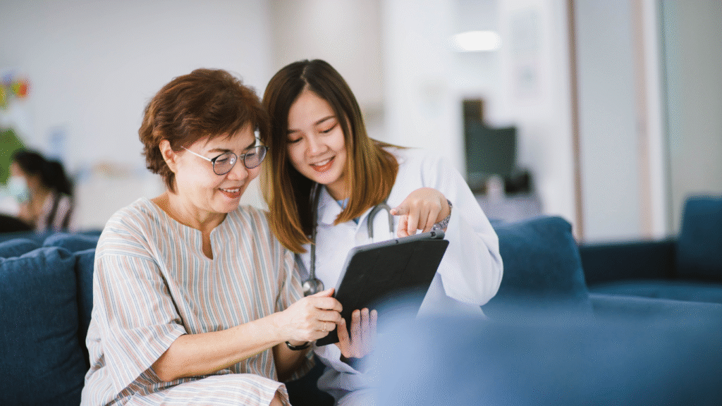 Patient using a tablet to review a medication schedule
