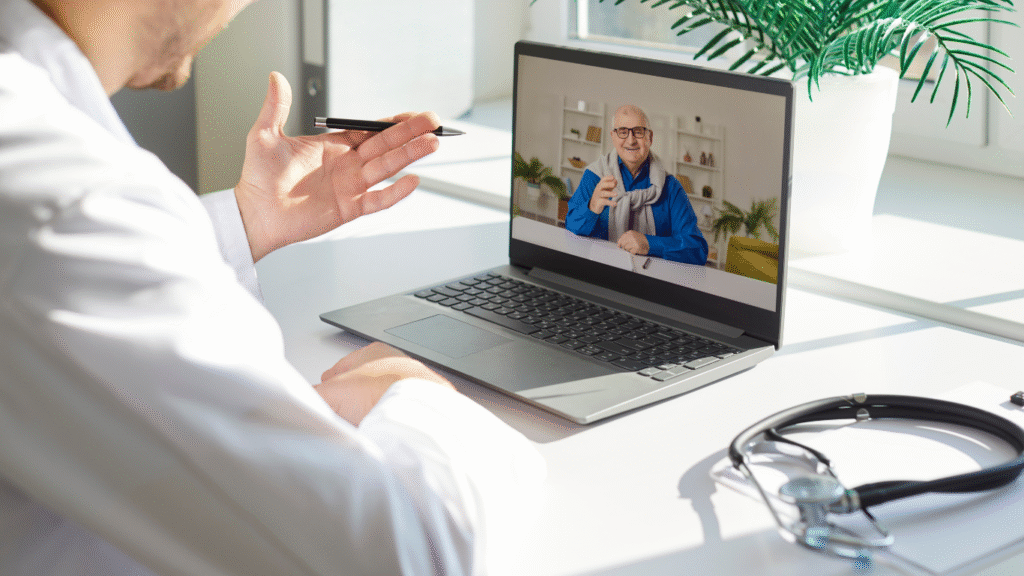 Pharmacist providing remote consultation via video call