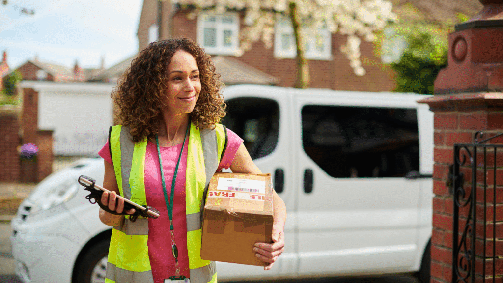 Delivery driver with a package at a doorstep