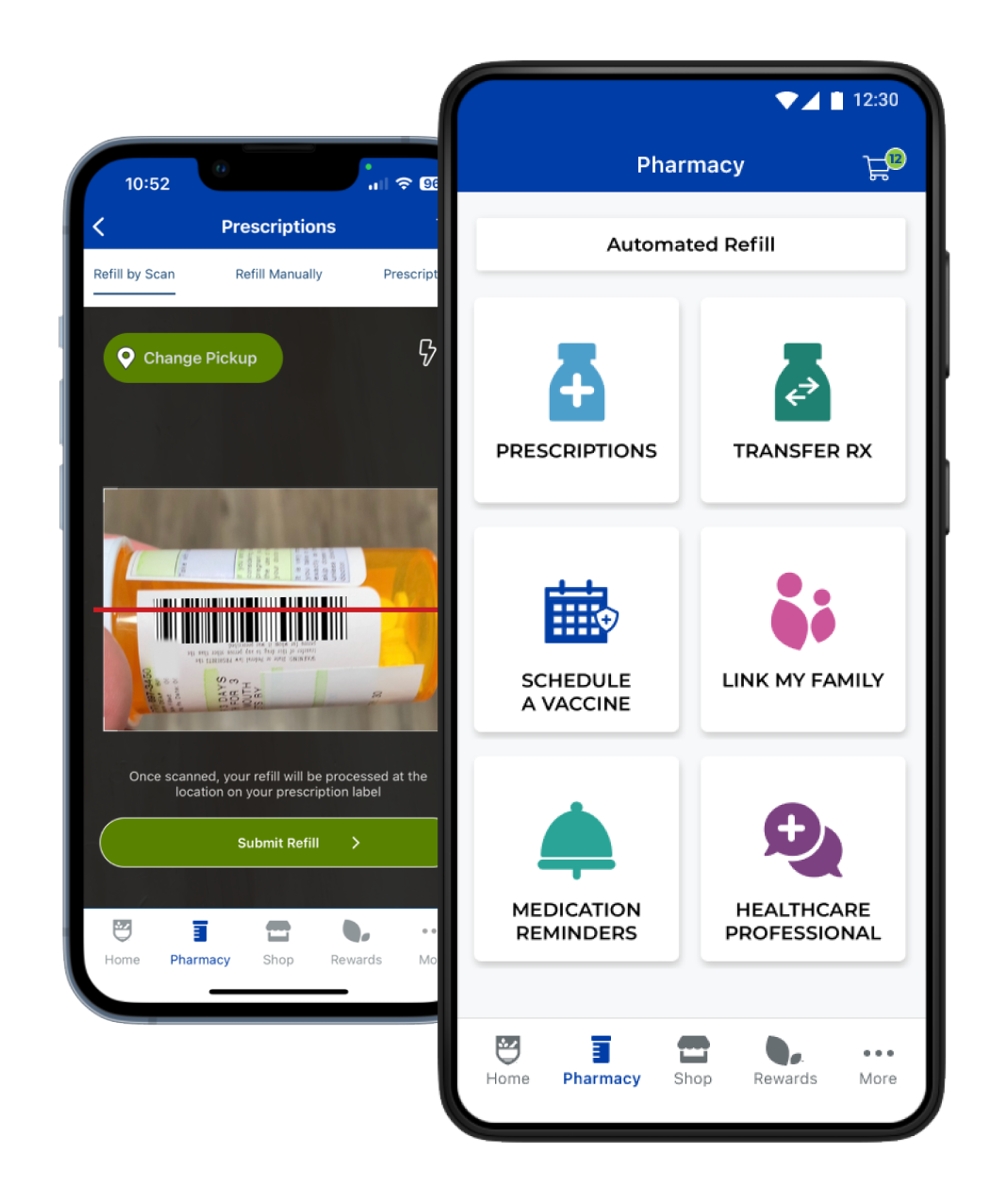 Mobile pharmacy app showing prescription refill by scanning and various pharmacy services for easy medication management
