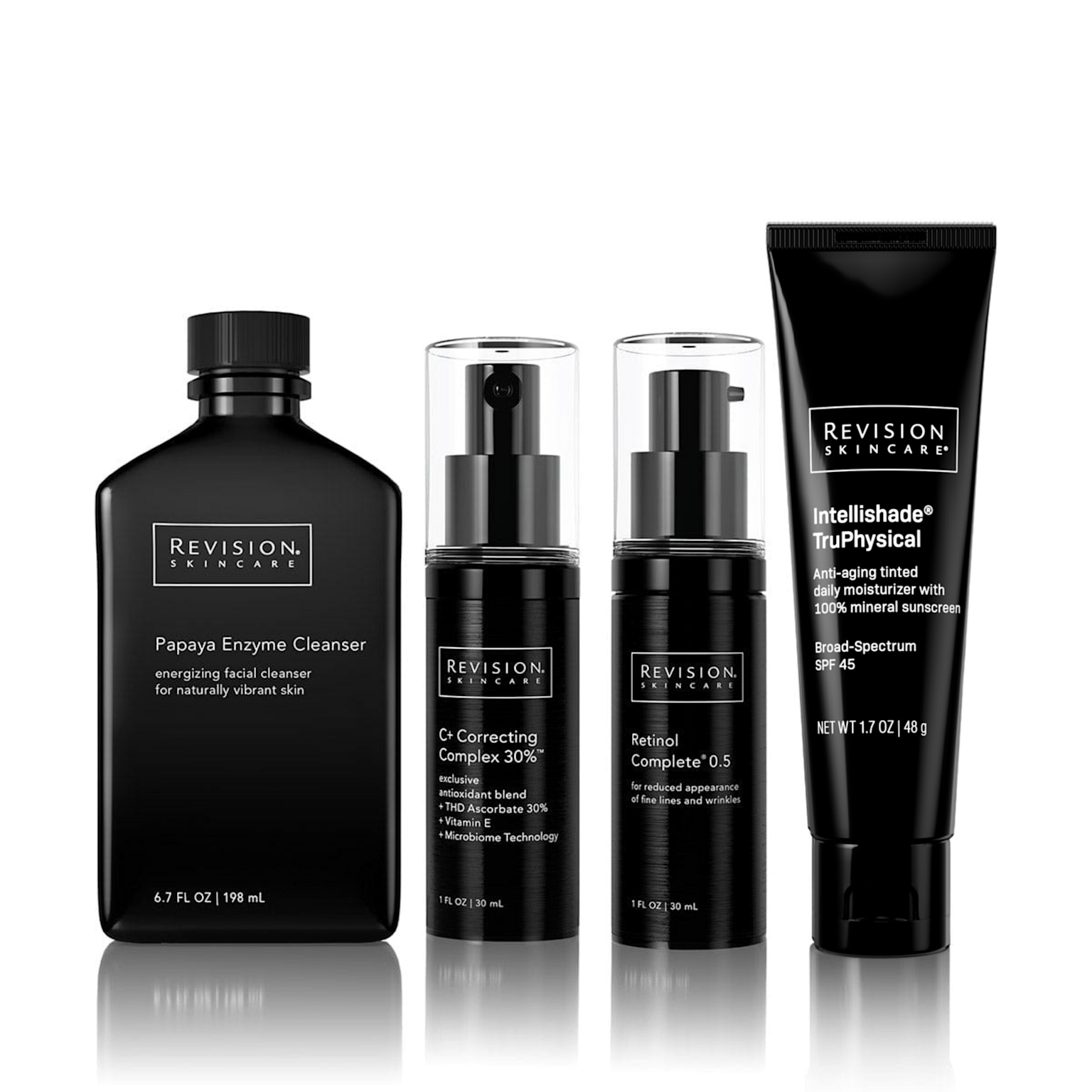 Skincare products from Revision Skincare including cleanser, serums, and a tinted moisturizer with SPF 45 sunscreen