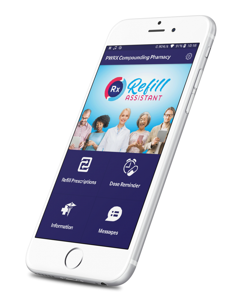 Mobile app interface for PWRX Compounding Pharmacy's Refill Assistant showing features to refill prescriptions and manage medication