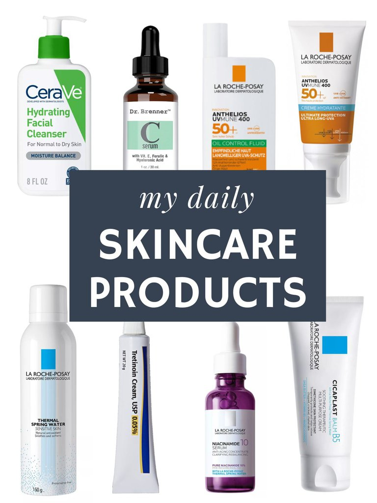 Common daily skincare products including cleanser, Vitamin C serum, moisturizers, and SPF 50+ sunscreens arranged for a typical skincare routine
