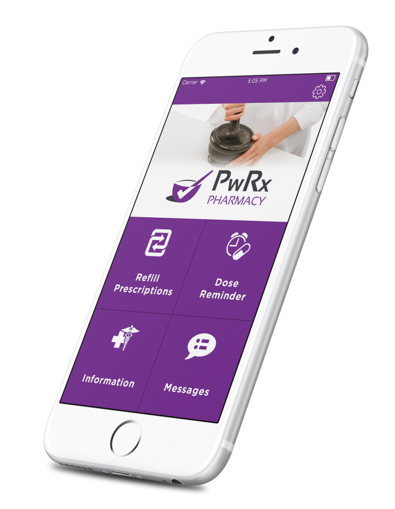 Mobile pharmacy app interface displaying options for prescription refill, dose reminders, and more