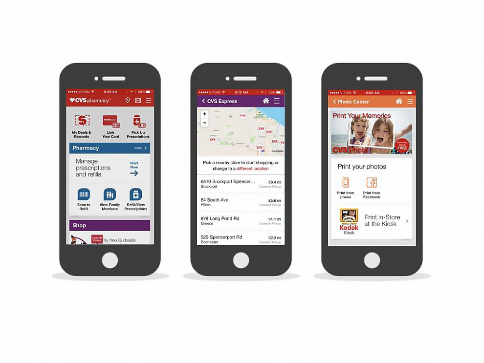 Screenshots of CVS mobile app showcasing pharmacy management, store locator, and photo printing features