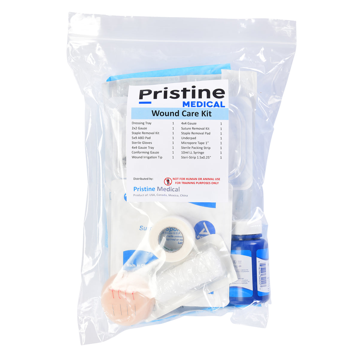 Pristine Medical wound care kit containing essential sterile supplies for wound management and training purposes
