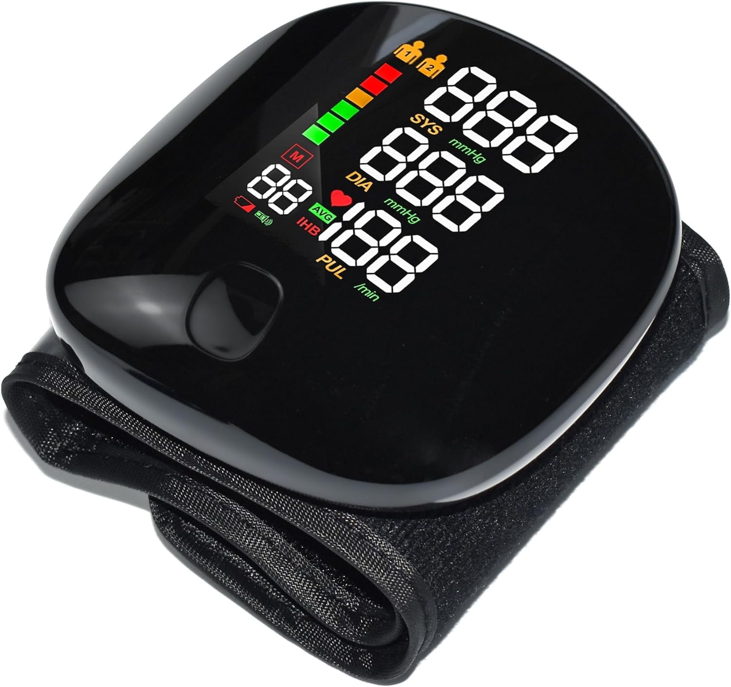 Digital wrist blood pressure monitor displaying systolic, diastolic, and pulse readings on an LED screen