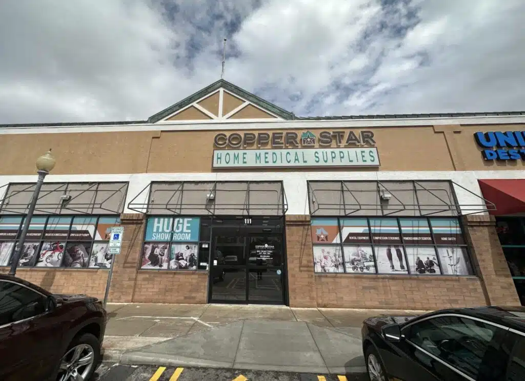 Exterior storefront of Copper Star home medical supplies showcasing medical products and a large showroom available