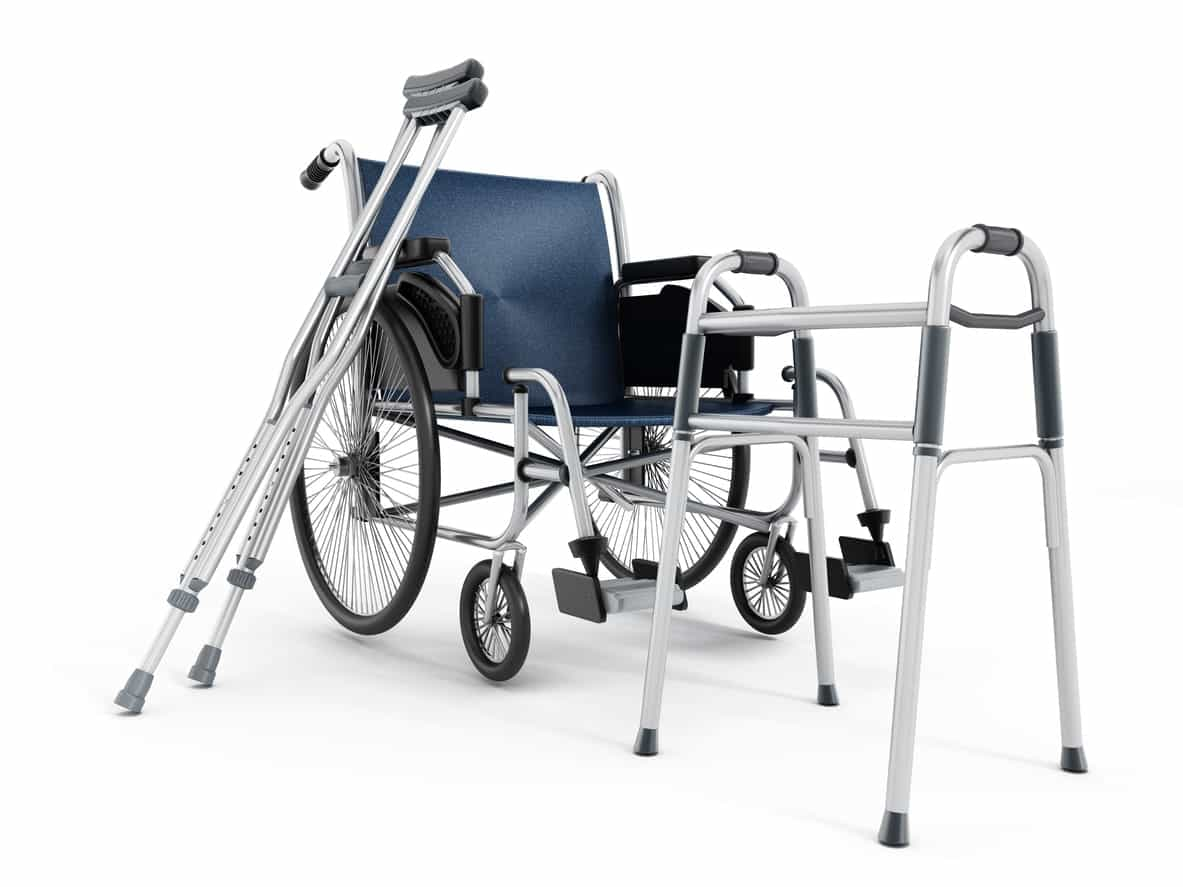 Common durable medical equipment: crutches, wheelchair, and walker displayed against a white background