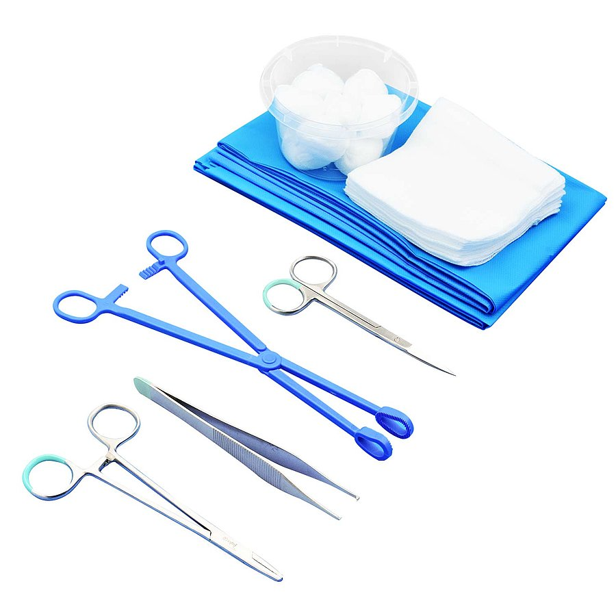 Common surgical supplies including clamps, scissors, tweezers, gauze, drape, and cotton balls, typically sold in surgical supply stores