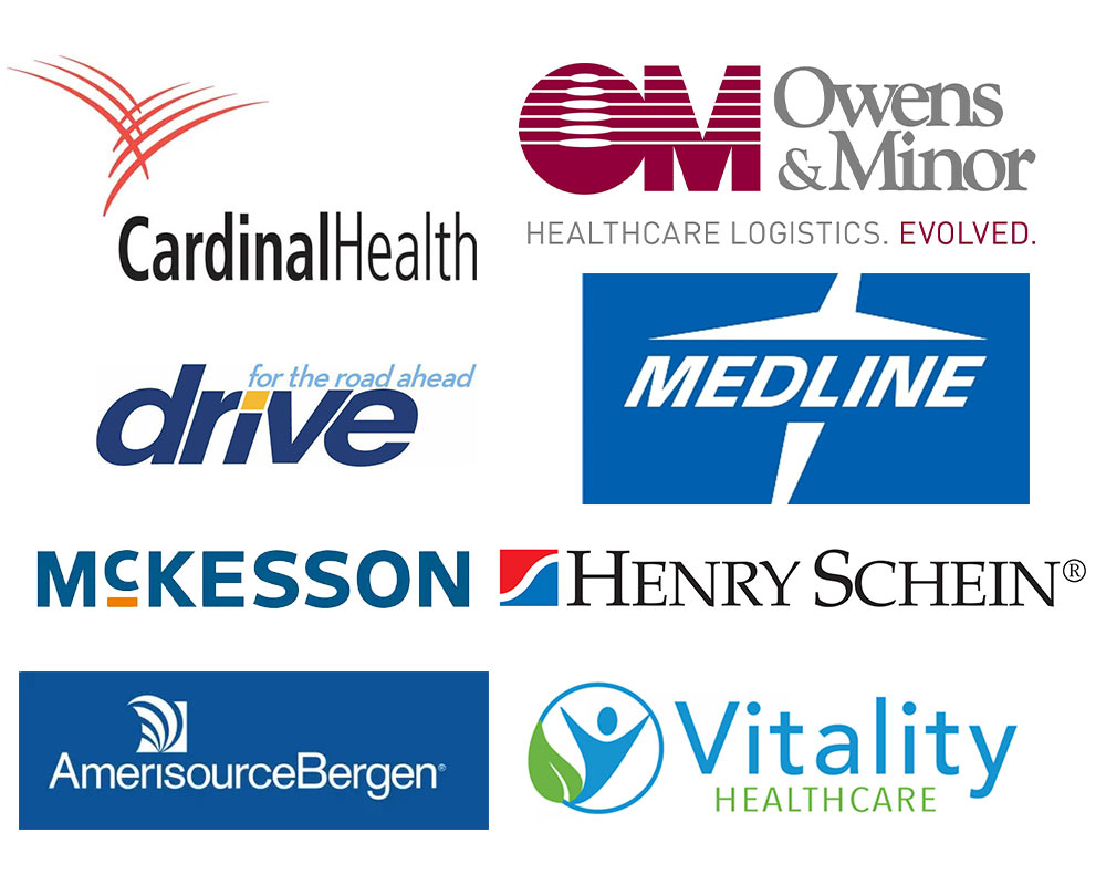 Logos of major US medical and surgical supply distributors including Cardinal Health, Medline, McKesson, and others