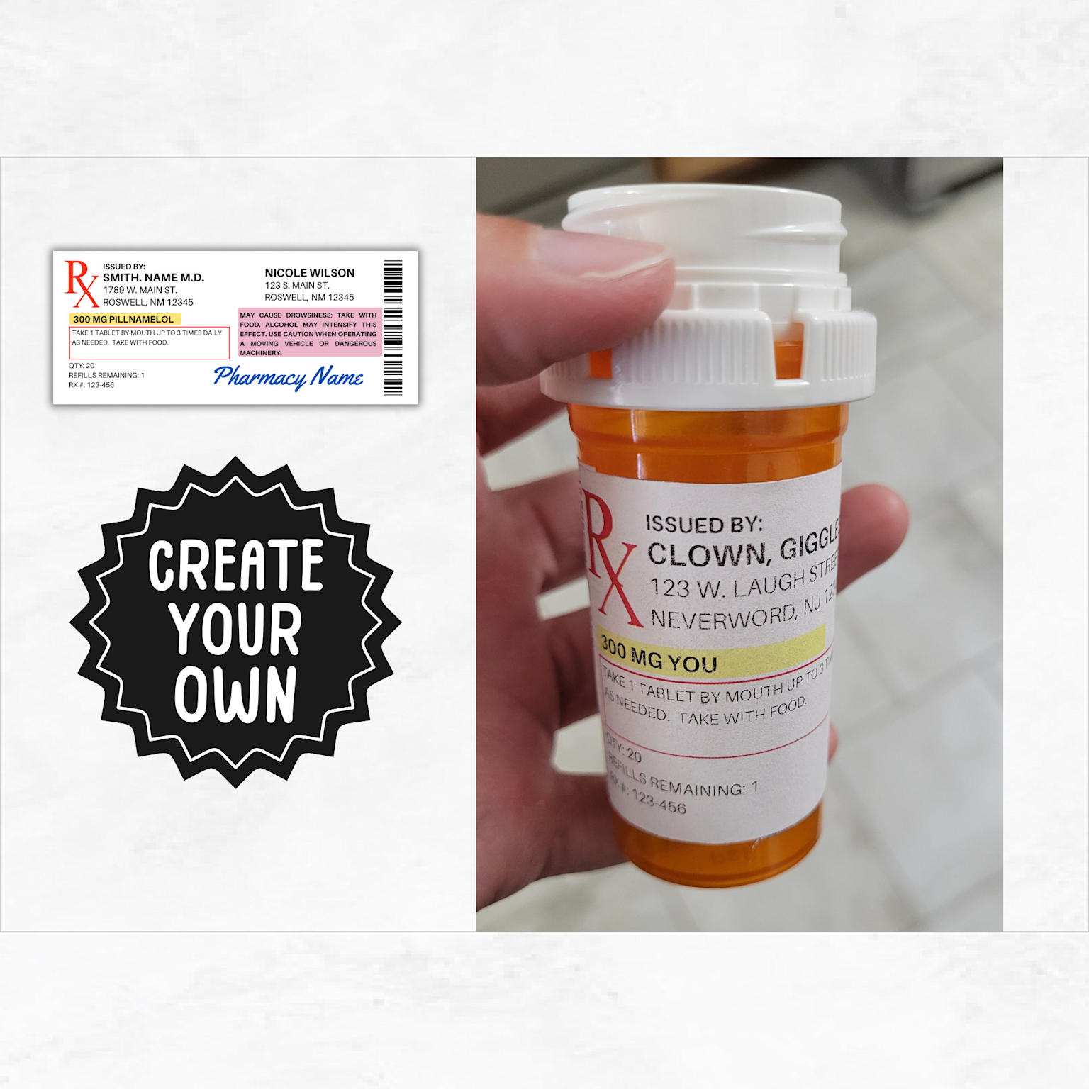 Sample prescription label template alongside a prescription pill bottle showing typical medication and refill information