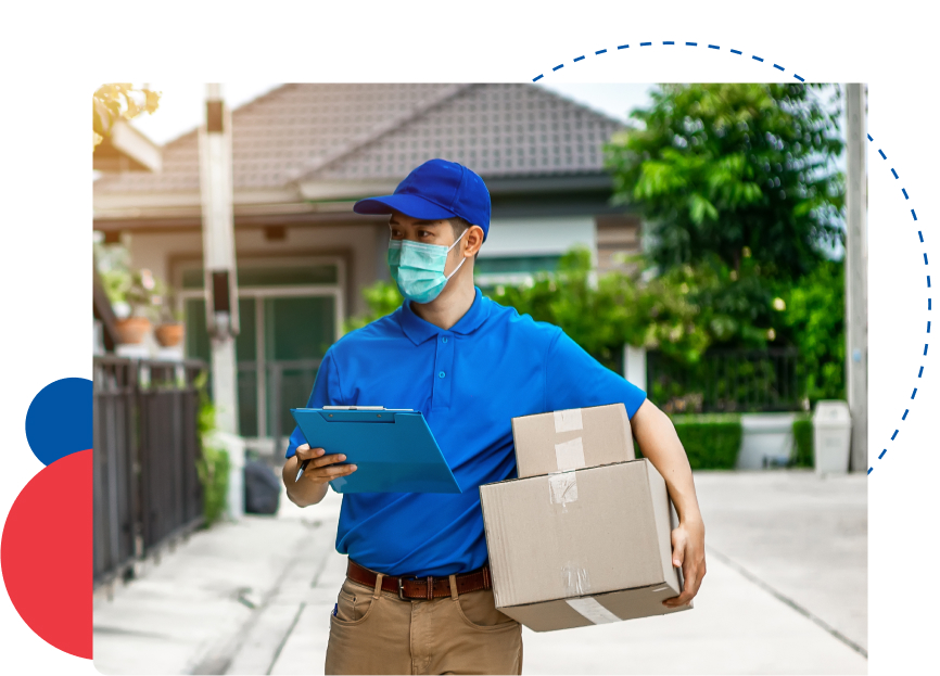 Professional delivery person in blue uniform and cap carrying medication boxes on clipboard